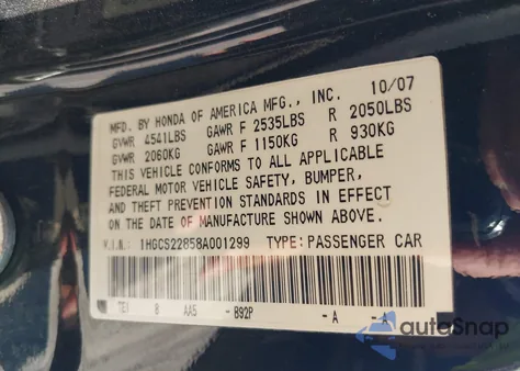 2008 Honda Accord 3.5 Ex-L from USA, damaged, VIN 1HGCS22858A001299